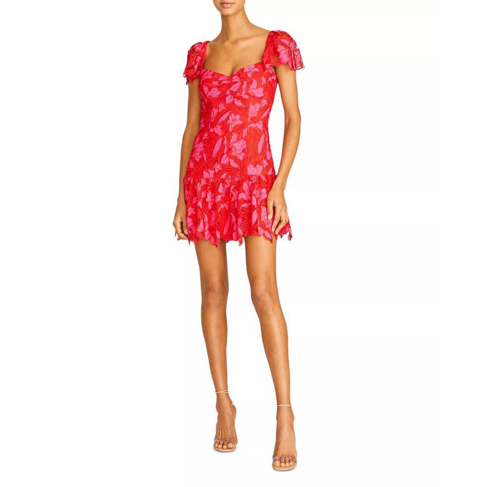 NEW MONIQUE LHUILLIER flutter sleeve fit and flare mini dress in pink and red - Picture 2 of 4